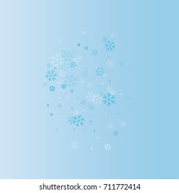 Christmas oval background with random scatter falling blue snowflakes on a blue background.