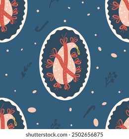 Christmas oval badge seamless pattern. Christmas Glass baubles repeat background. Paisley shape toy in frame retro holiday season surface pattern design. Vector hand drawn flat illustration.