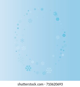 Christmas oval border or frame with random scatter falling blue snowflakes on a blue background.