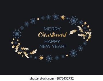 Christmas oval frame. Festive decor. Vector greeting card. Holly leaves, berries, stars, snowflakes 