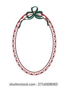 Christmas oval frame vector illustration with red decorative border and green ribbon bow. Festive holiday design for invitation, greeting card and label.