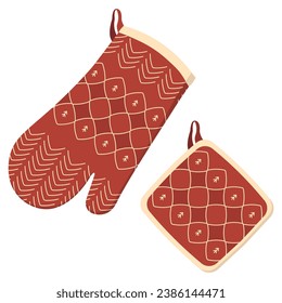 Christmas oven mitt and pot holders. Оven mitt kitchen accessories with pattern for festive decoration.  Flat vector illustration.  