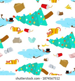 Christmas is over pattern seamless. Snowman melted background. Open gift wrapping. Christmas Tree fell holiday is over. End of winter ornament