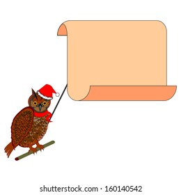 A Christmas owl with a big blank paper in his beak. Vector-art illustration isolated on a white background