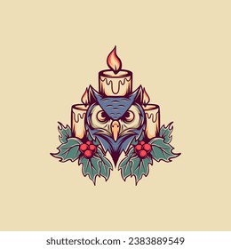 Christmas Owl And Candle Illustration For Merchandise
