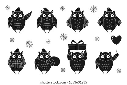 Christmas owl character bird black glyph set. Collection owls in different poses, gift, ball. Funny new year winter silhouette animals. Hand drawn cartoon character. Happy New year, merry Christmas