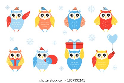 Christmas owl character bird set. Collection owls in different poses, witn gift, ball. New year winter animals. Hand drawn funny cartoon character. Happy New year, merry Christmas. Vector