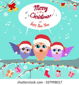 Christmas Owl Chat Communication Bubble Sitting on Tree Branch Decoration Gift Box Winter Flat Vector Illustration