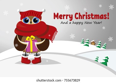 Christmas owl with a gift. Vector illustration.