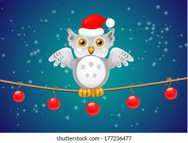  Christmas owl on a branch, with a holiday greeting  - vector - stock vector