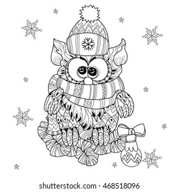 Christmas Owl on fir tree branch - hand drawn doodle vector on white background.Isolated illustration zen art ready for adult anti stress coloring book.