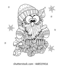 Christmas Owl on fir tree branch - hand drawn doodle vector on white background.Isolated illustration zen art ready for adult anti stress coloring book.