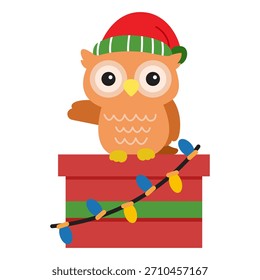 Christmas Owl on Gift Box. vector Illustration