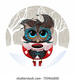 christmas owl in santa costume with cup of coffee