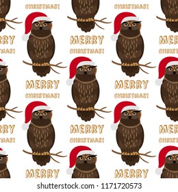 Christmas owl with Santa hat seamless pattern, vector illustration