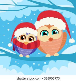 Christmas Owl Sitting on Tree Branch Winter Flat Vector Illustration