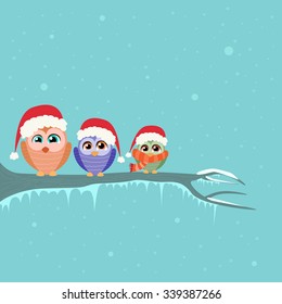 Christmas Owl Sitting on Tree Branch Winter Flat Vector Illustration