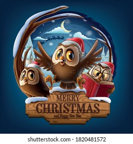 christmas owls on in wooden circle