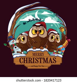 christmas owls on wooden signboard