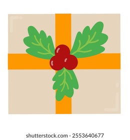Christmas Package illustration. Gift Box with Holy Berries for Celebration, digital stamp, greeting card, sticker, icon, design.