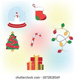 Christmas Package with snow globe, sock, tree, candy, gift and lights