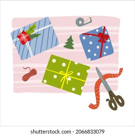 Christmas packaging gift box on a pink background. Top view preparing presents for wrapping in colorful paper. Flat lay illustration with christmas surprises. Vector illustration