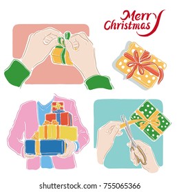 Christmas, packaging gift steps,Hand-painted illustrations
