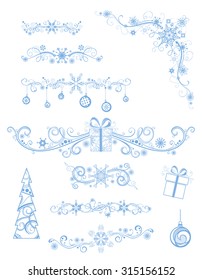 Christmas page dividers and decorations isolated on white background. Vintage ornate festive decorations of Christmas tree, gifts, snowflakes and Christmas balls.