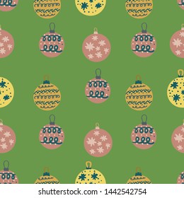 Christmas painted balls seamless pattern on pistachio green background. Flat style illustration. Greeting card, poster, design element. Vector