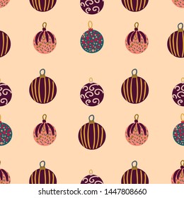 Christmas painted balls seamless pattern on pink background. Flat style illustration. Greeting card, poster, design element. Vector