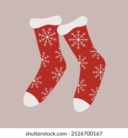 Christmas pair of red socks with snowflake pattern. Flat vector illustration