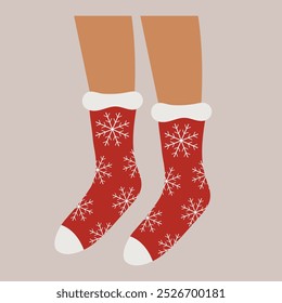 Christmas pair of red socks with snowflake pattern on feet. Flat vector illustration