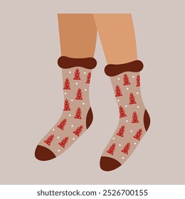Christmas pair of socks with Christmas tree pattern on feet. Flat vector illustration
