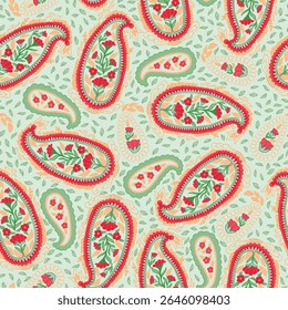 Christmas Paisleys em vermelho tradicional e verde em um design não direcional Tossed criando uma impressão padrão sem costura