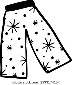 Christmas pajama pants with snowflakes in black and white doodle style, vector, isolated on white