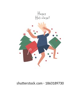 Christmas Pajama party Vector illustration in flat style. Happy people in pajamas  in the bedroom.