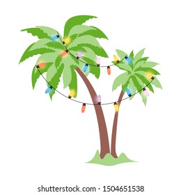 Christmas palm tree decorated with luminous garlands. Template of double tropical palm with fluffy and dense crown for new year holidays. Isolated vector illustration in flat style. 