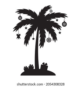 Christmas palm tree and garland   gifts  black stencil  isolated vector illustration