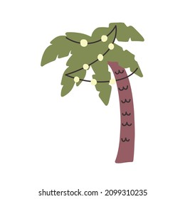 Christmas palm tree with garland hand drawn naive art