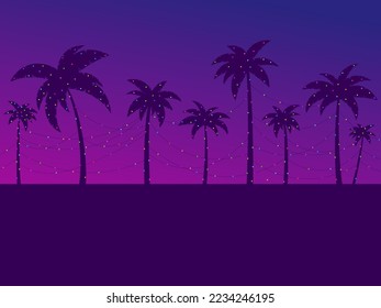 Christmas palm trees with garlands at sunset in the style of the 80s. Hanging garlands between palm trees. Tropical Christmas. Design for greeting card, poster and banner. Vector illustration