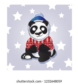 Christmas Panda bear with red pattern sweater and blue winter hat 