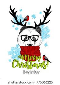 Christmas panda in the costume of deer. Vector illustration of bear with horns.