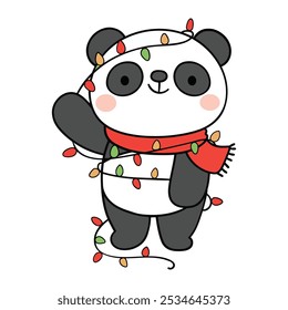 Christmas panda dancing with garland - cute kawaii style vector illustration