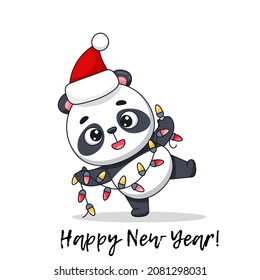 Christmas panda dancing wrapped in a garland. Postcard in cartoon kawaii style. Vector for design, banners, children's books and patterns. Isolated on white. Vector illustration.