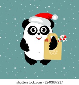 Christmas panda with eco bag with candies. Funny animal character for your design.