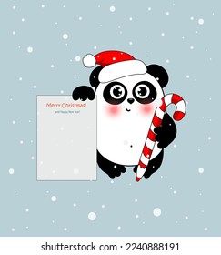 Christmas panda with letter for Santa with candy pen. Funny animal character for your design.