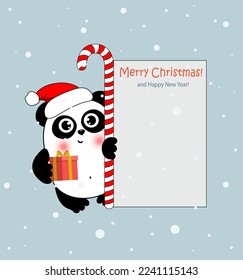 Christmas panda with letter to Santa ,candy and present. Funny animal character for your design.