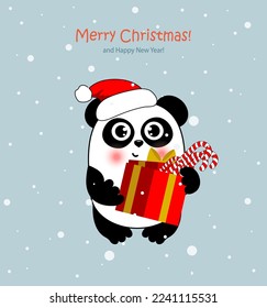 Christmas panda in Santa hat with  present and candies. Funny animal character for your design.