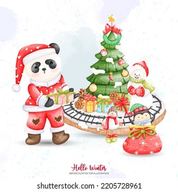 Christmas Panda and Snowman with Christmas Tree. Watercolor Christmas Animals