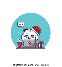 christmas panda using laptop illustration